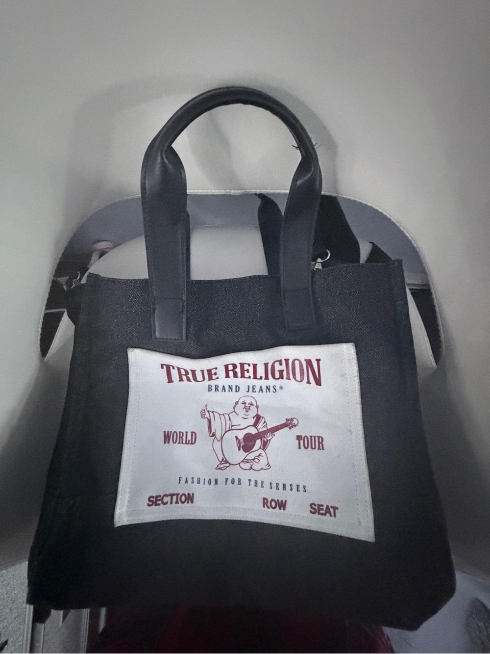 True Religion Black Canvas Messenger Tote with White Logo Patch